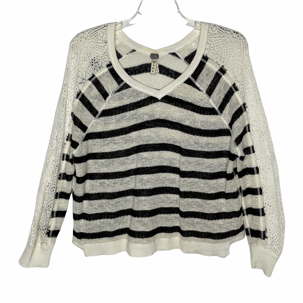 We The Free People Blue Ivory Striped Blouse V Neck Crochet Raglan Sleeves M